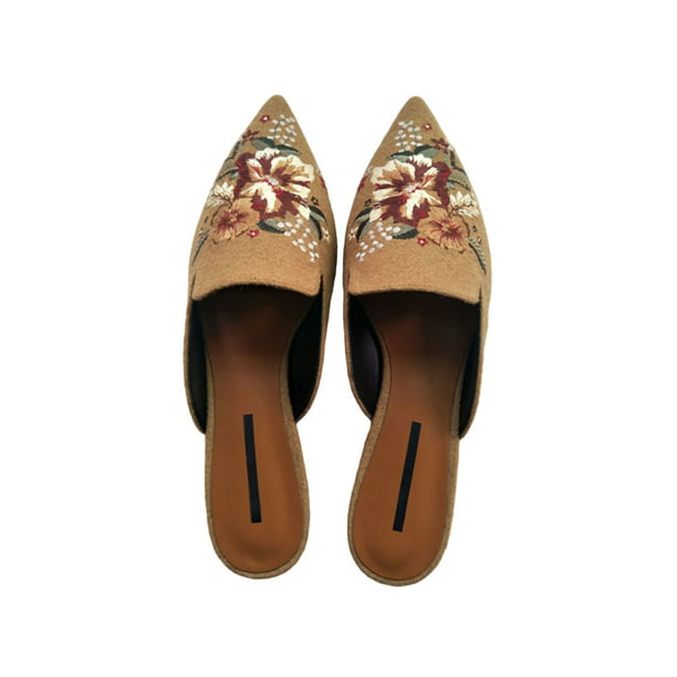 Details about   Women's Flower Embroidery Flat Mules Slippers Vintage Velvet Pointed Toe Shoes